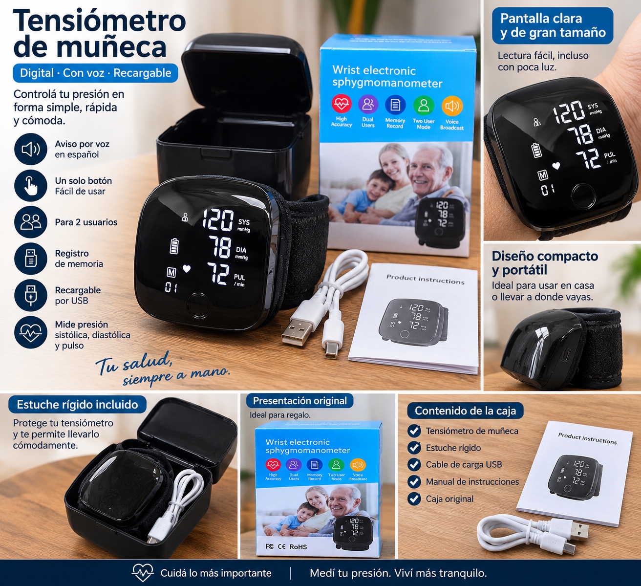 Tensiómetro digital de muñeca negro con pantalla encendida, estuche rígido, caja original, cable de carga y manual